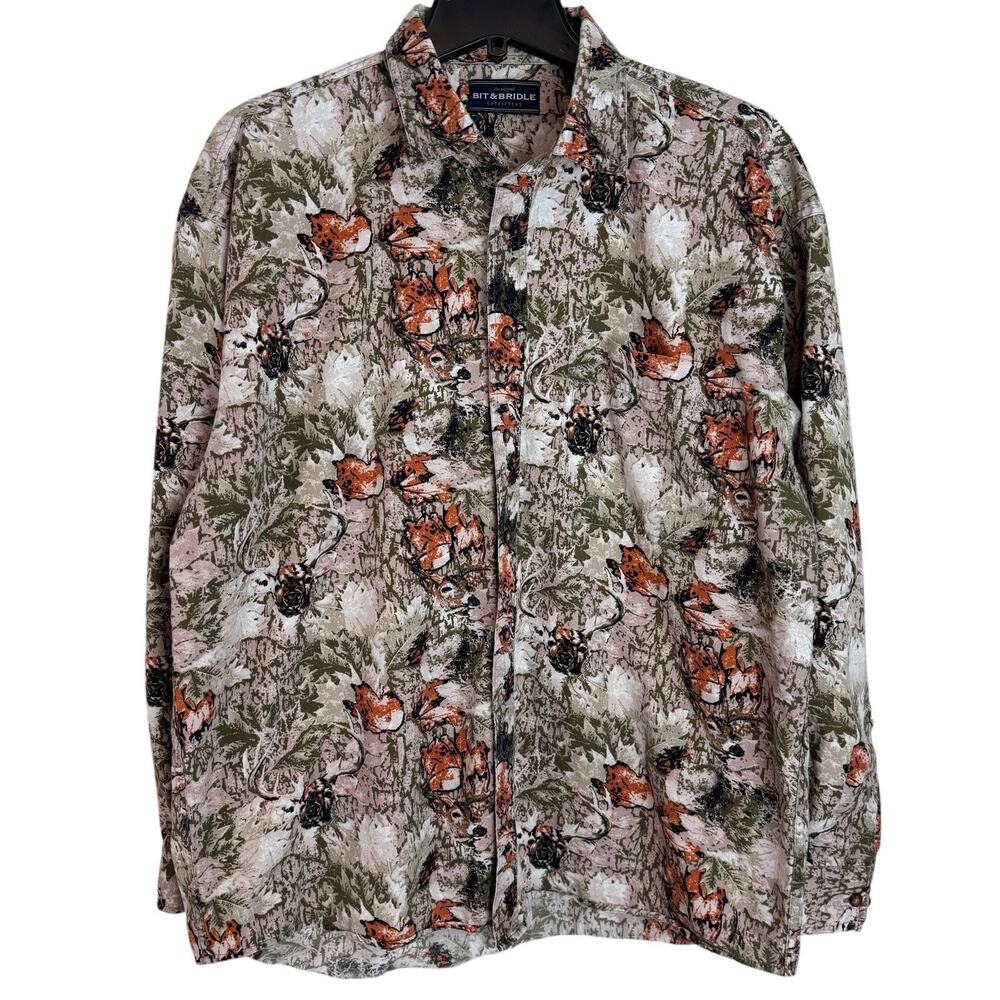 Bit & Bridle Mens Long Sleeve Camo Deer Buck Print Hunting Button Shirt SZ L